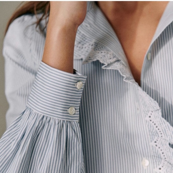 NWT - Sezane Striped Button Down Shirt with Lace Trim - Picture 5 of 10